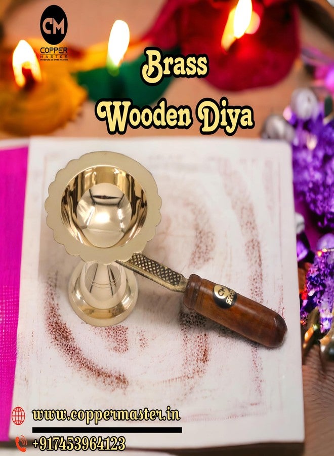 Copper-Master Pure Brass Akhand Diya with Wooden Handle | Traditional Dhoop Diya & Puja Lamp for Aarti, Temple Prayer & Home Decor - Image 2